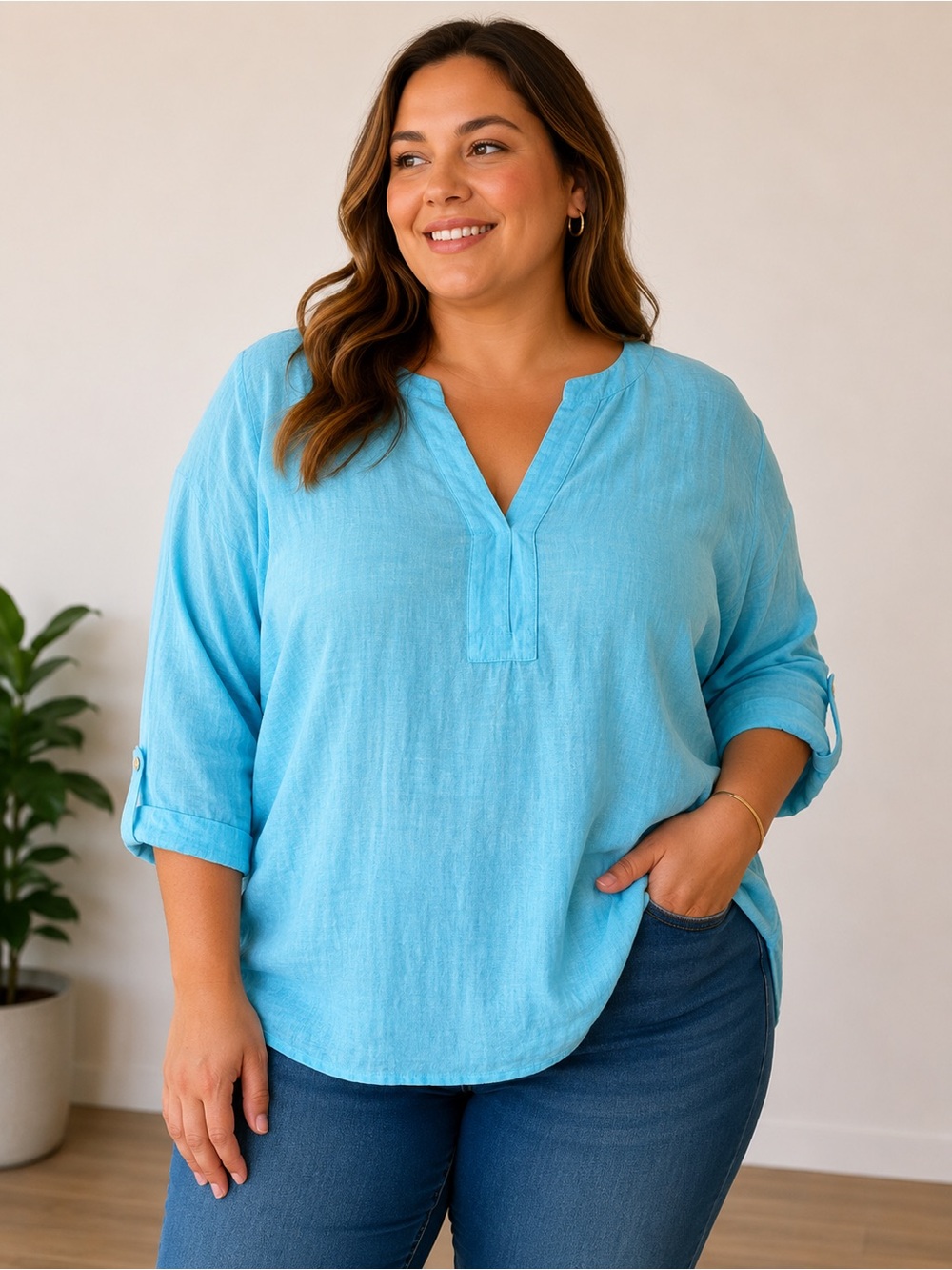 Chico’s Light Blue Linen Blend Tunic Blouse – Size 3 (XL/XXL)